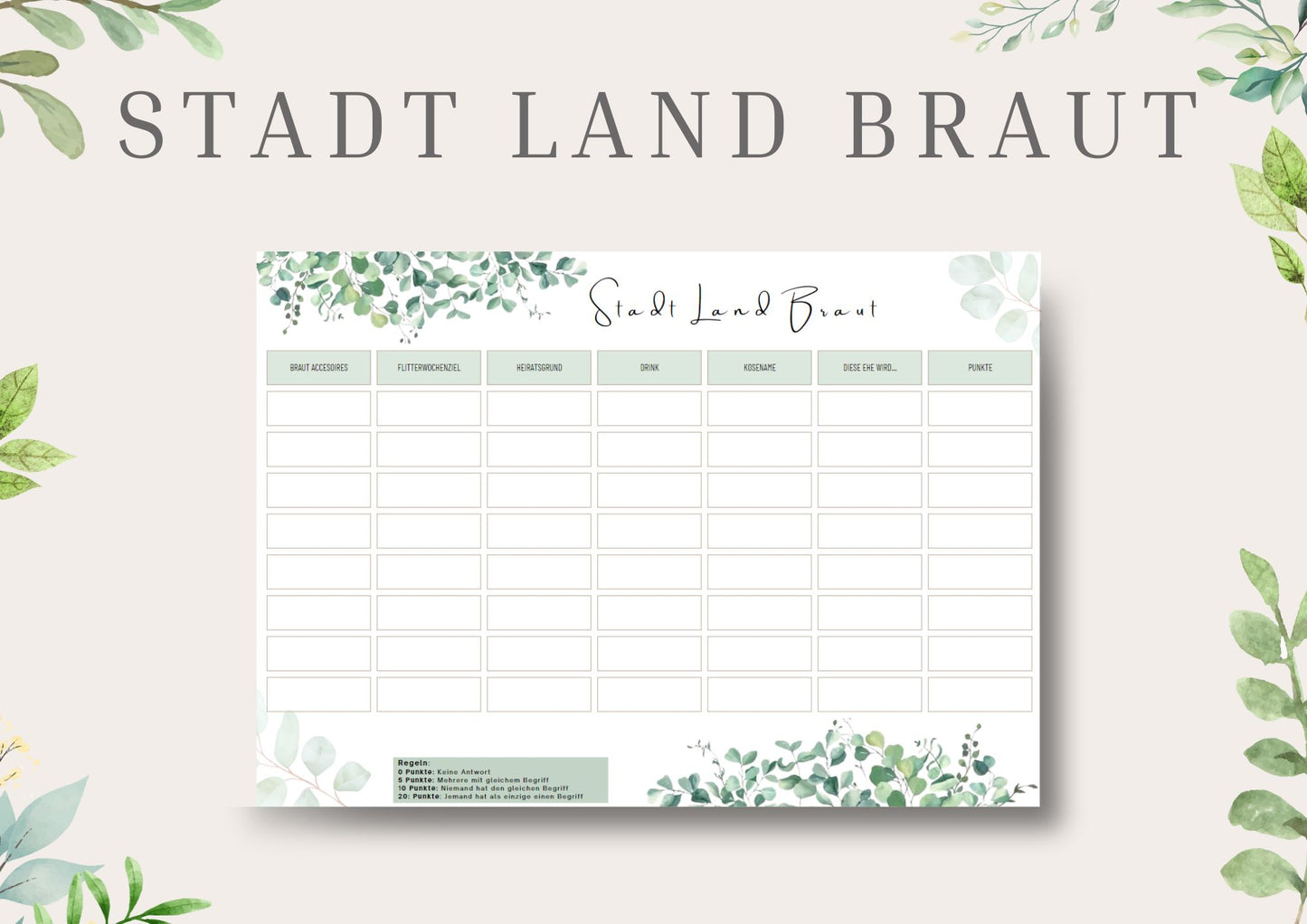 JGA Spiel - Stadt Land Braut